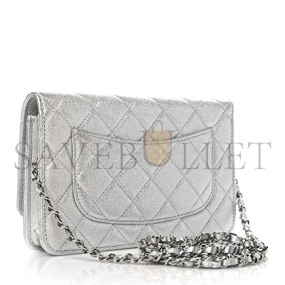CHANEL METALLIC LAMBSKIN QUILTED WALLET ON CHAIN WOC SILVER AP0250 (19*13*3cm)
